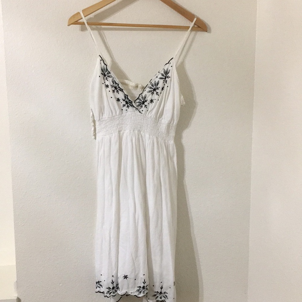 White Mini Dress with Black Flower Stitch